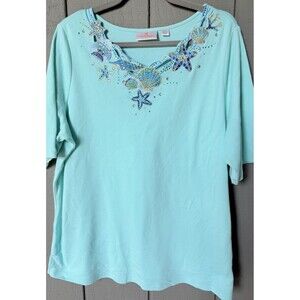 Quacker Factory Turquoise Top Size 1X Seashell Embroidered Embellished V-Neck